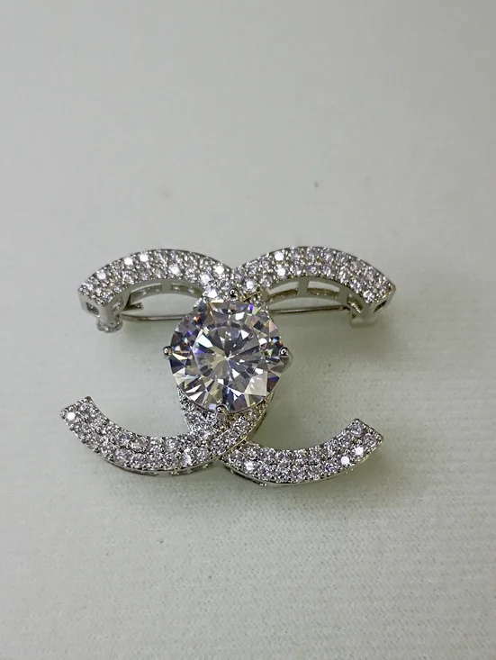 New Silver-Tone Crystal Double-C Resemblance Brooch - Clear