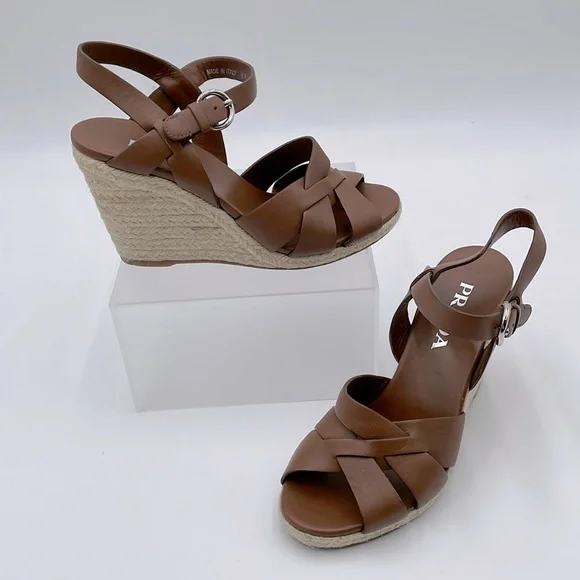 Prada Rony Brown Leather Espadrilles Platform Jute & Rubber‎ Wedge Heel - 37