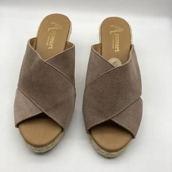 Anthropologie Paseart Espadrilles Taupe Wedge Leather Sandals Size 40/9 Spain