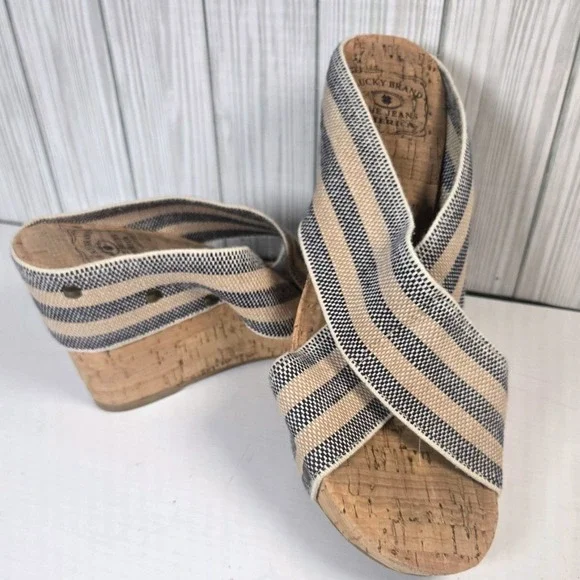 Lucky Brand LK-MILLER2 Striped Cork Wedge Sandals Blue‎ Beige Womens 8.5M