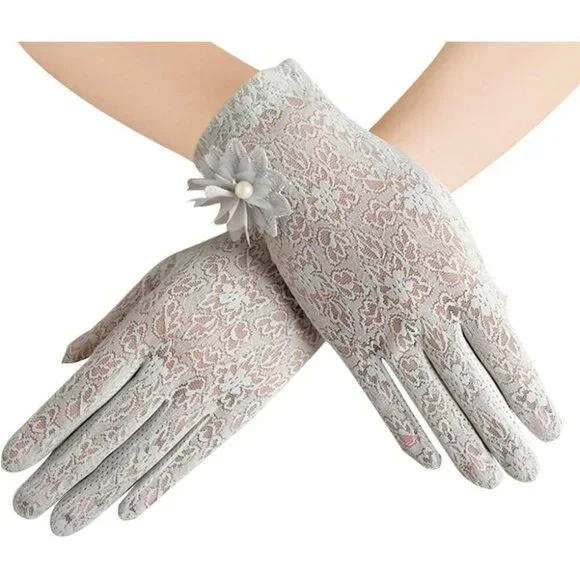 Women's Flower Gray Floral Embroider Lace Gloves Summer Sun Protection