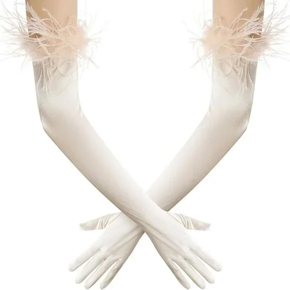 Women's Evening Cream Feather Long Satin Gloves Stretchy Elbow Halloween Costume