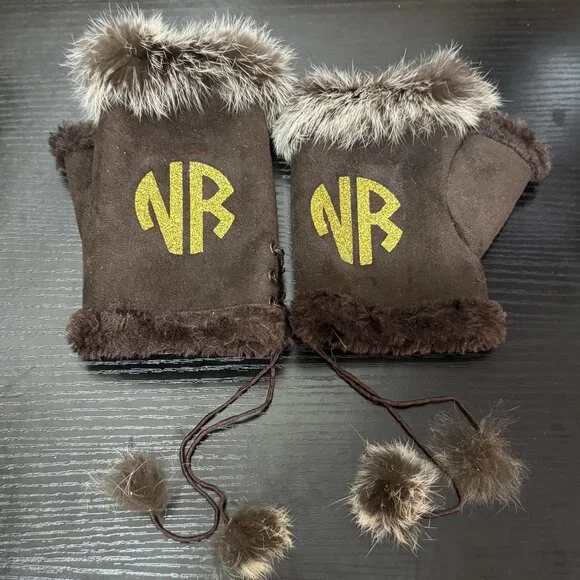 Vintage Brown Suede Fingerless Gloves Faux Fur Pom Pom Tie Womens Winter Mittens
