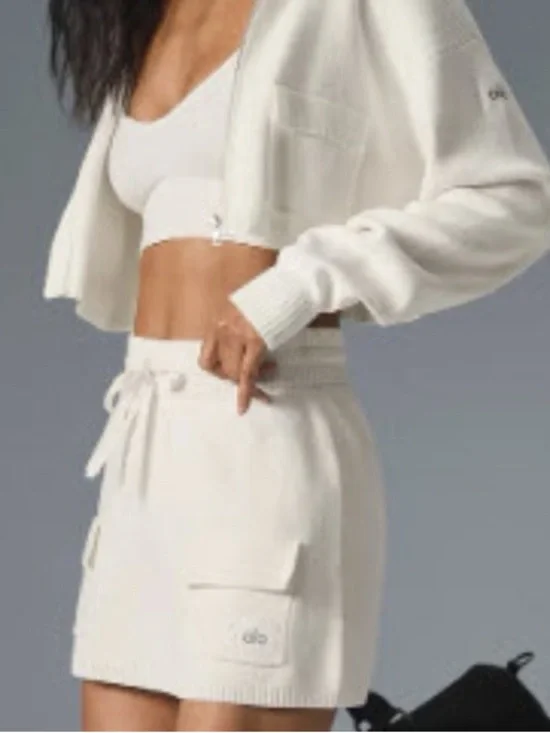 ALO Yoga Scholar knit cropped full zip jacket and cargo ivory Mini Skirt set