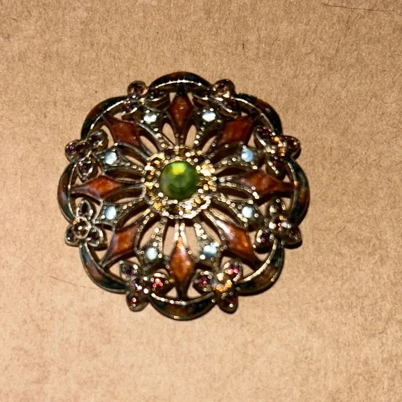 Monet‎ Vintage Multicolor Enamel, Crystal & Acrylic Round Brooch/Pin. Signed