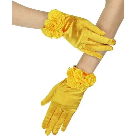 Women's Yellow Elegant Floral Satin Short Gloves Wedding Dress Party Accessories