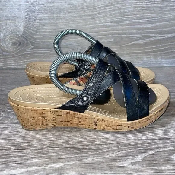 Crocs A-Leigh Cork Wedge Black Leather Strappy Women’s Size 9 Slip On Sandals