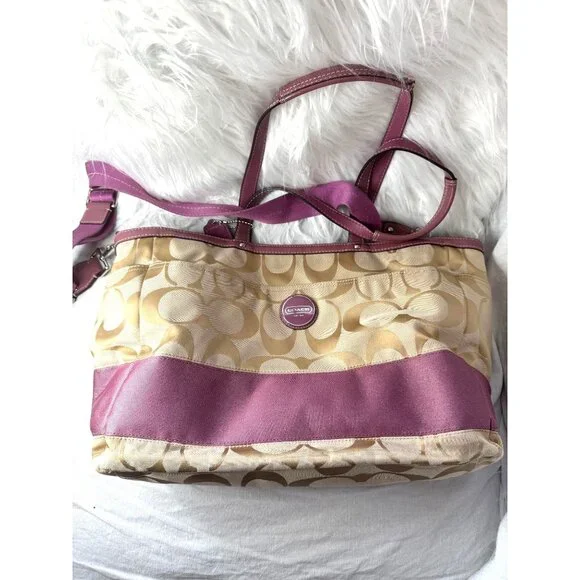 Coach‎ Signature Canvas Tote Bag/Diaper Bag Pink Leather Trim & Shoulder Strap