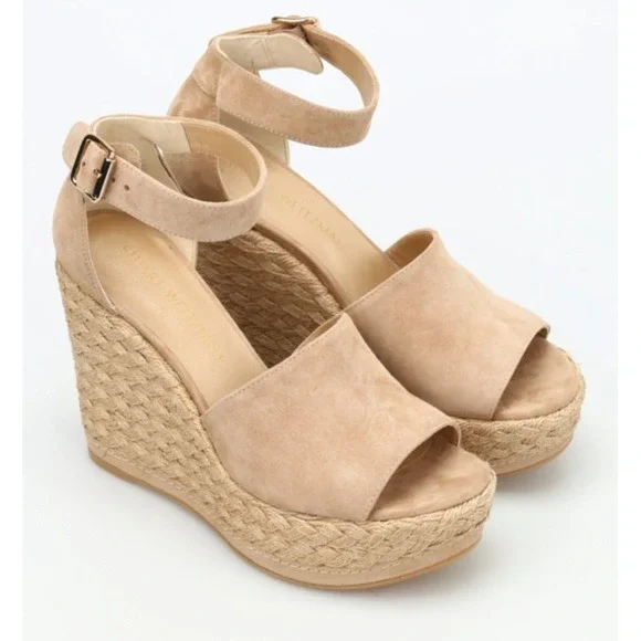 Stuart Weitzman Sohojute Suede Espadrille Wedge Sandals in Beige sz 9