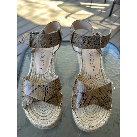 Sole Society Audrina Snakeskin Espadrille‎ Wedge Sandals Brown Womens 9M