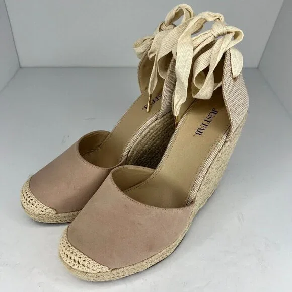 Justfab Womens Lauren Taupe Espadrille Closed Toe Lace Up Wrap Size 10 Sandals