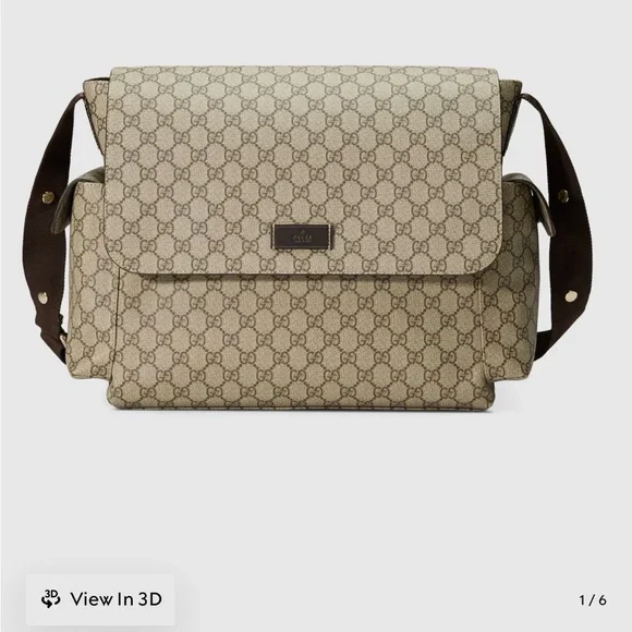 Gucci Beige GG Supreme Messenger Diaper Bag with Brown Strap Authentic