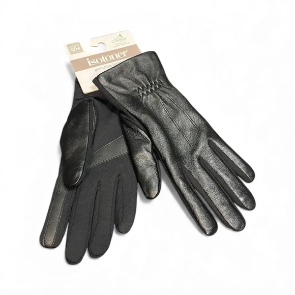 NWT Isotoner Black Leather Gloves with Stitch Detail