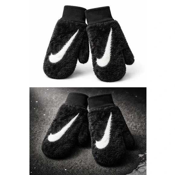 Nike Plush Knit‎ Mittens Women XS S Black Fleece Winter Gloves