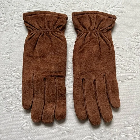 Isotoner Wonder Fit Suede Leather Gloves M Camel Brown Fleece Lined Vintage