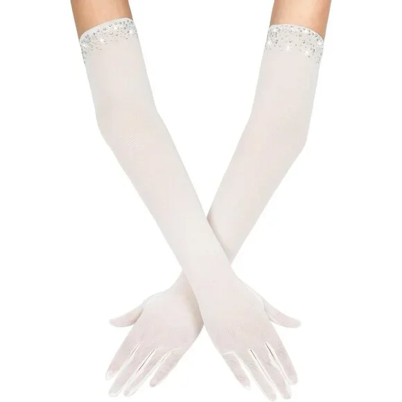 Women's Sexy Pearl Beaded Light Lvory Long Gloves Tulle Mesh Wedding Party Prom