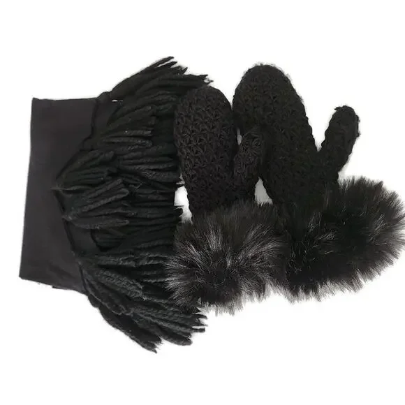 Surell Women's Black Mittens with Faux Fur Cuffs and Tasseled Black Scarf