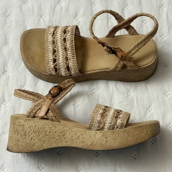 Lower East Side Platform Boho Wedge Straw Weaved Sandals Ankle Straps Size 7.5