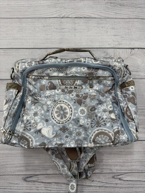 Ju-Ju-Be Light Blue Taupe Floral Diaper Bag Backpack with Changing Pad