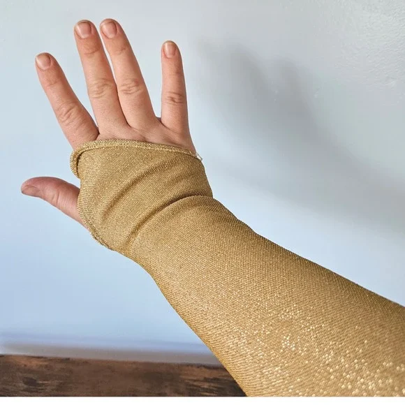 Vtg 50s 60s Gold Lurex Metallic Fingerless Thumb Hole Elbow Length Gloves