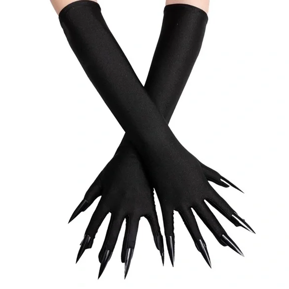 Long Black Satin Claw Gloves