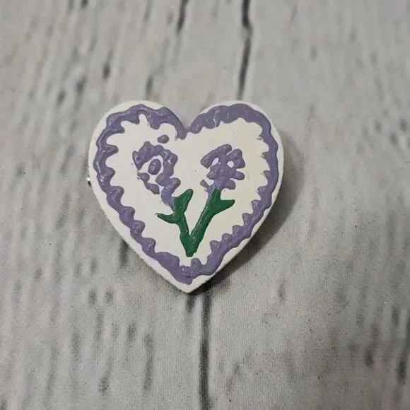 Vintage Hand Painted Purple Cottagecore Flower Wood Brooch Pin