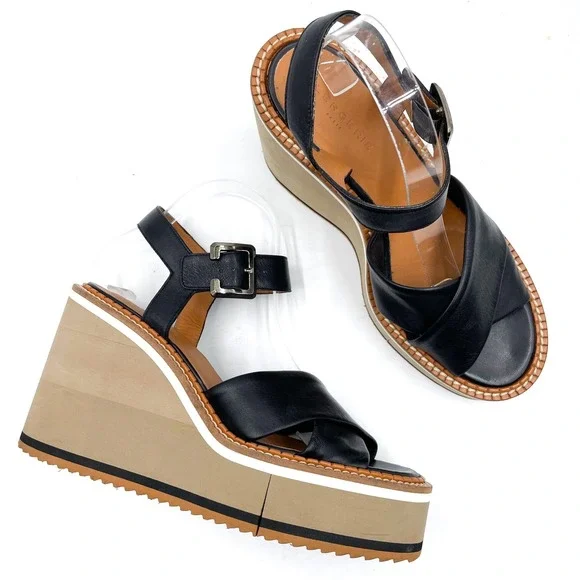 Clergerie Noemi Platform Wedge Sandals Black Leather Criss Cross‎ Sz 40.5 / 10
