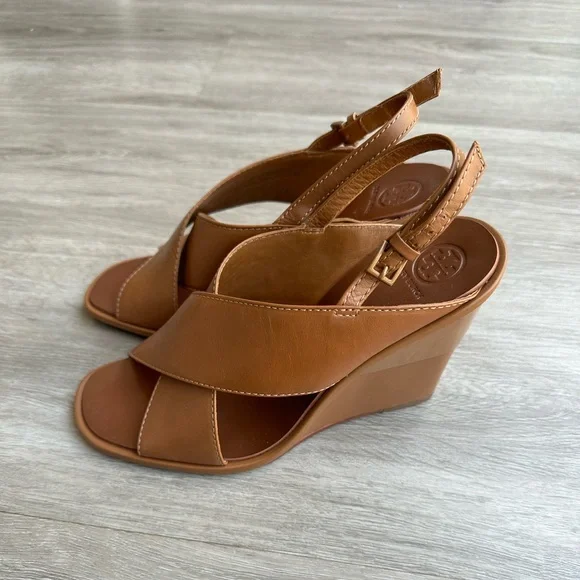 Tory Burch Gabrielle Criss Cross Leather Wedge Sandals 8.5
