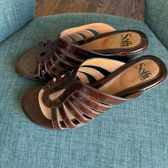 Sofft Women’s shiny leather brown wedge heel light weight comfortable size 8 EUC