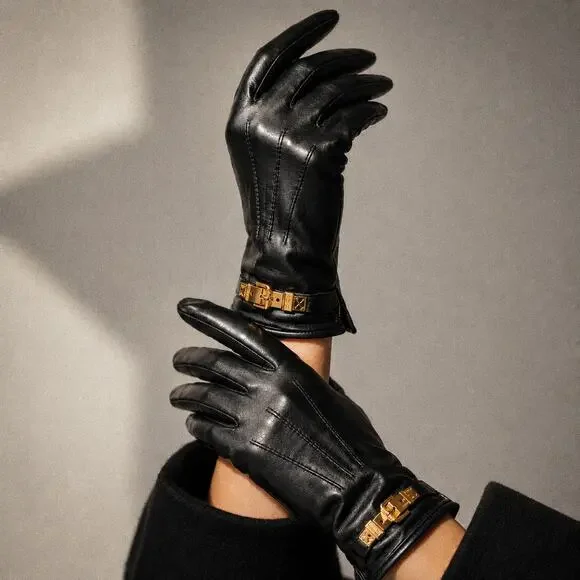 Miu Miu Black Leather 100% Lambskin Gold Buckle Strap Italy Logo Gloves