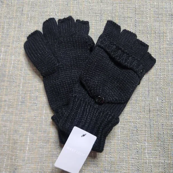 NWT West Loop Womens OS Black Knit Gloves Fingerless Fold over Acrylic