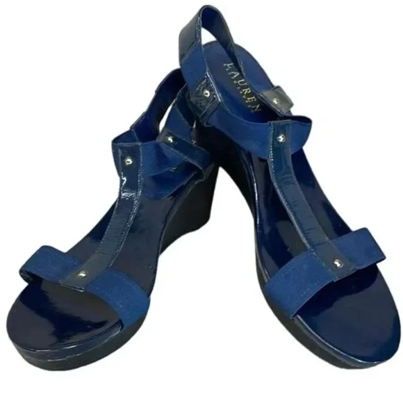 Lauren Ralph Lauren Navy Blue Patent Leather Strappy Preppy Wedges Women Sz. 10B
