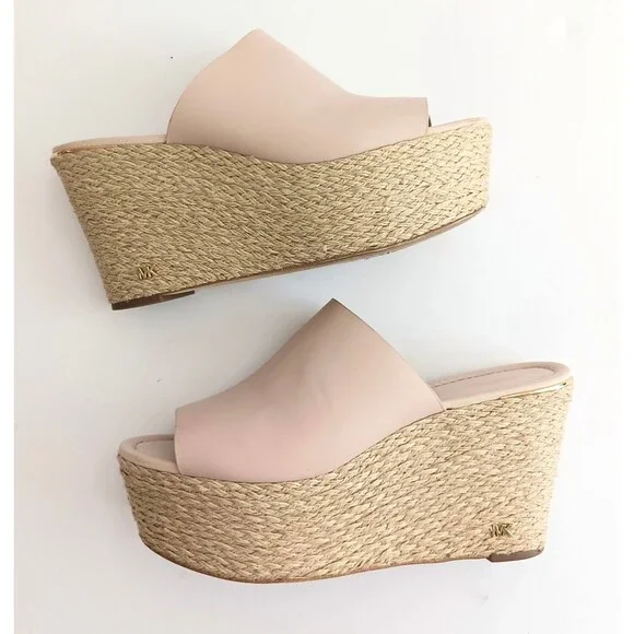 Michael Kors Cunningham Platform Wedge Lt Pink Leather Jute Logo Heel 9.5M