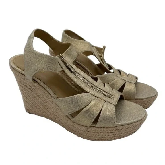Michael Kors Wedge Sandals Womens 7.5M Gold Metallic Front Zip Espadrille PW21K