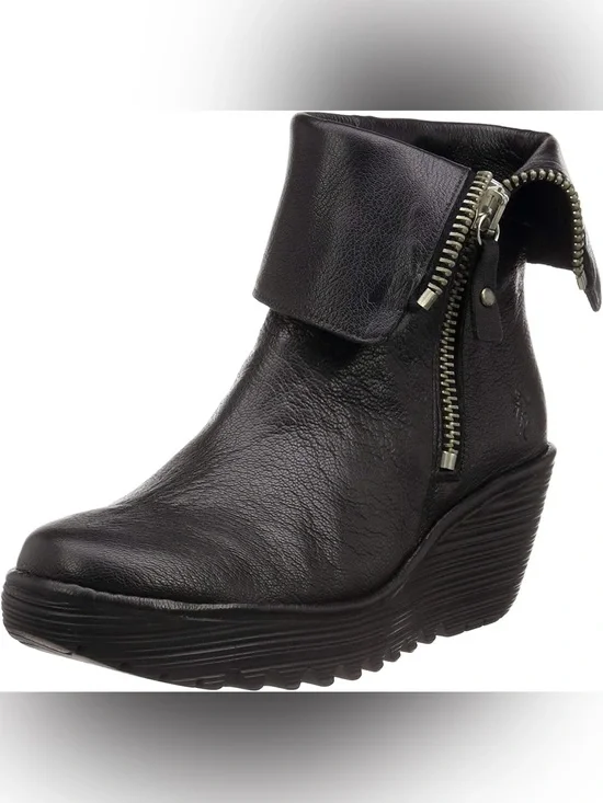 Fly London women’s black leather wedge boots zip up with silver hardware chunky
