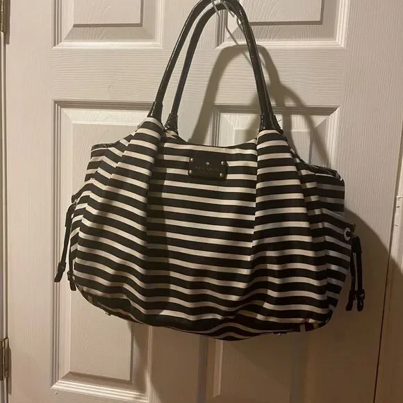 Kate Spafe large black & white striped Nylon diaper bag/travel bag