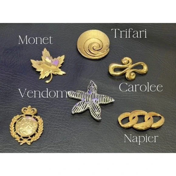 Vintage Signed Brooch Lot Vendome Monet Trifari Carolee Napier Crown Lot Of 6