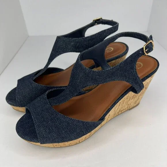 C Est. 1946 Womens 42621128 Blue Adjustable Denim Wedge Size 9W Strappy Sandals