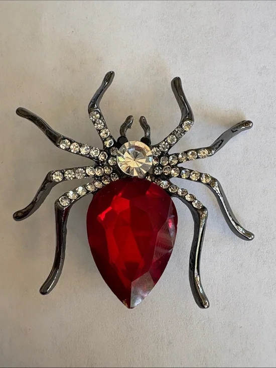 Red Gem Spider Brooch with Rhinestone Accents