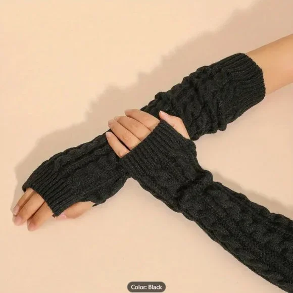 Ribbed Knitted Mid-length Gloves Warm Sleeves Solid Color Elastic Finger…