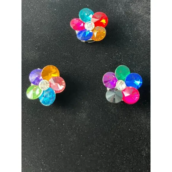 Vintage Rhinestone Button Covers Rainbow Flower Cluster Clip Set of 3