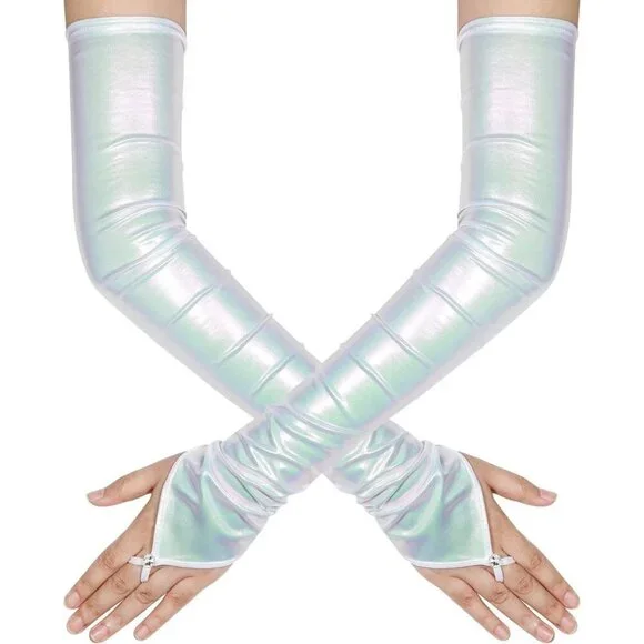 Women's White Shiny Elastic Satin Rave Fingerless Long Gloves Party Costume