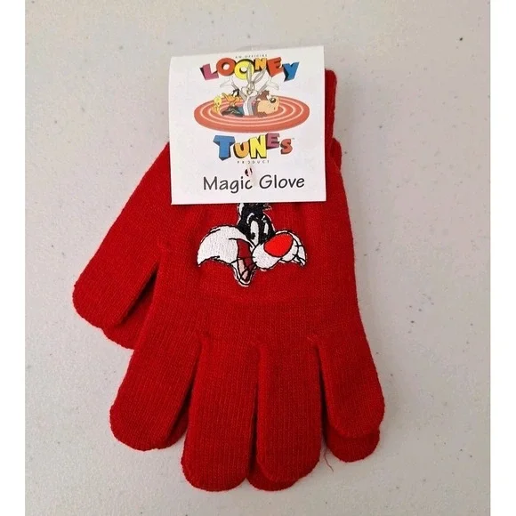 Looney Tunes Knit Magic Gloves Winter Vintage‎ Embroidered Red One Size NEW