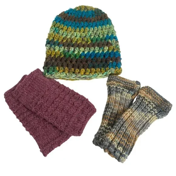 Homemade Multicolor Crochet Hat + Two Pairs Of Hand-Knit Fingerless Gloves