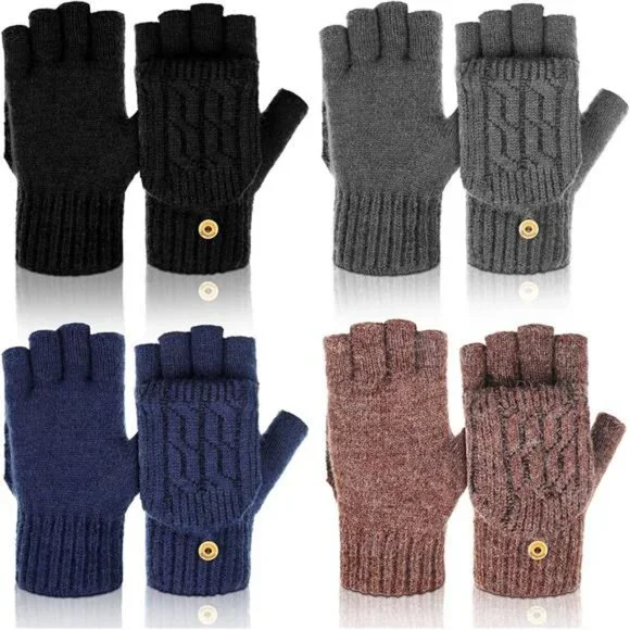 4 Pairs Women's Winter Knitted Fingerless Gloves with Mitten Cover Convertible