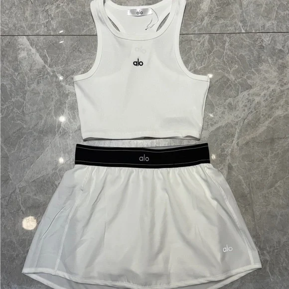 ALO Yoga White Skirt Set with Black Accents
