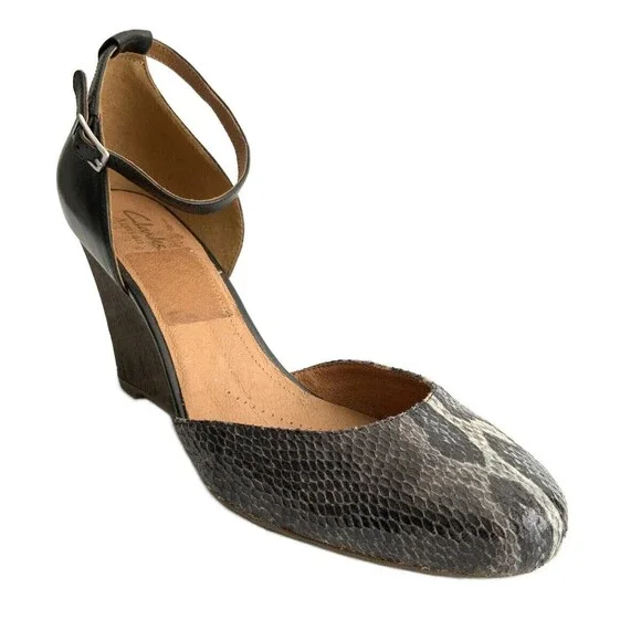 Clarks Artisan Black Leather Animal Print Ankle Strap Wedge Heels 9.5