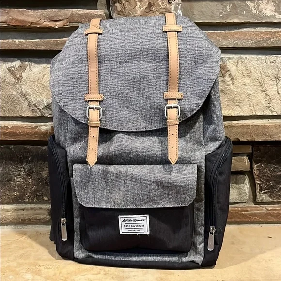 Eddie Bauer Diaper Backpack with Changing Pad Heather Grey Drawstring