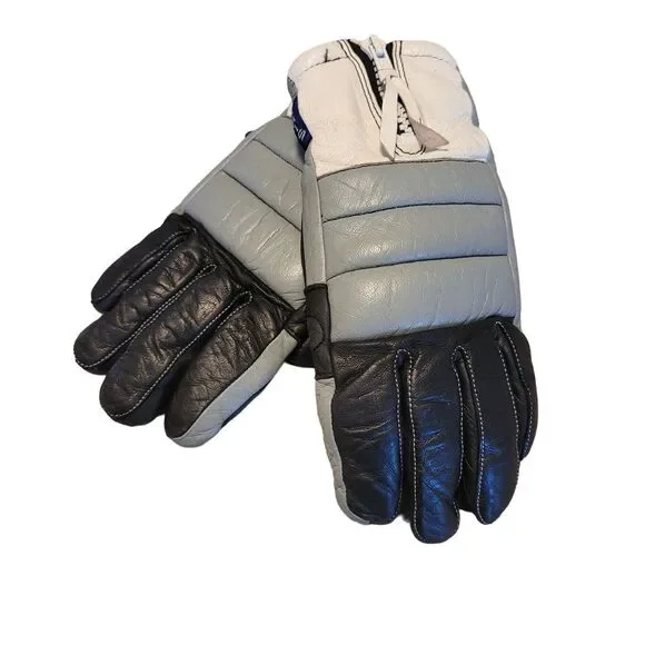 Aris Wonderlite Deerskin Leather Ski Gloves Womens Large‎ Black Grey White Zip