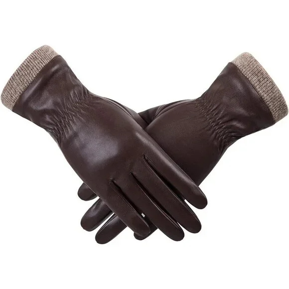 Women's Brown Winter Leather Gloves Wool Fleece Lined Thermal Touchscreen